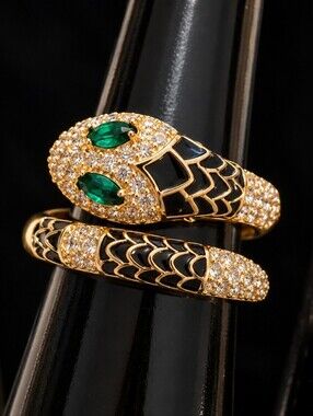 22kgp Duabi Jewelry- Gold Tone Snake Wrap Ring with Green Stone Eyes